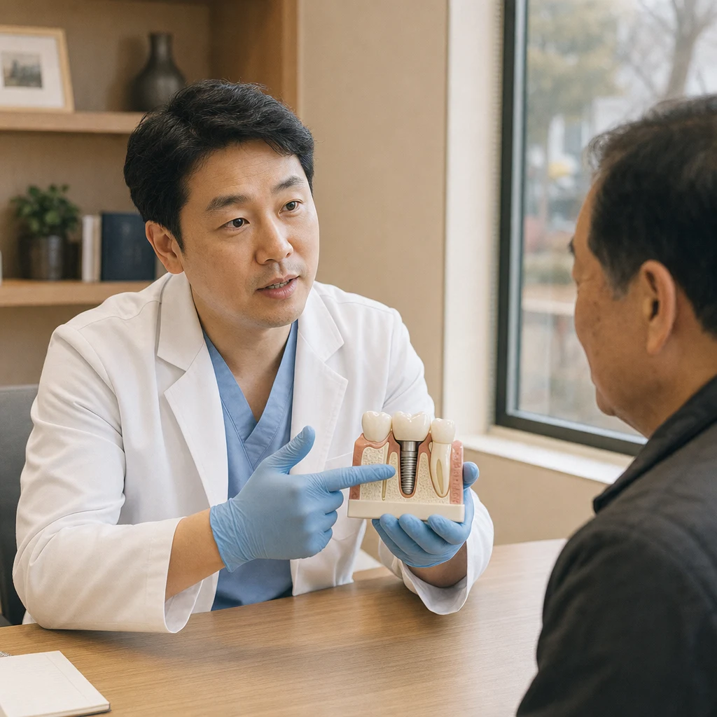 치과의사가 임플란트 모형으로 픽스처·지대주·보철 구조를 설명하는 장면