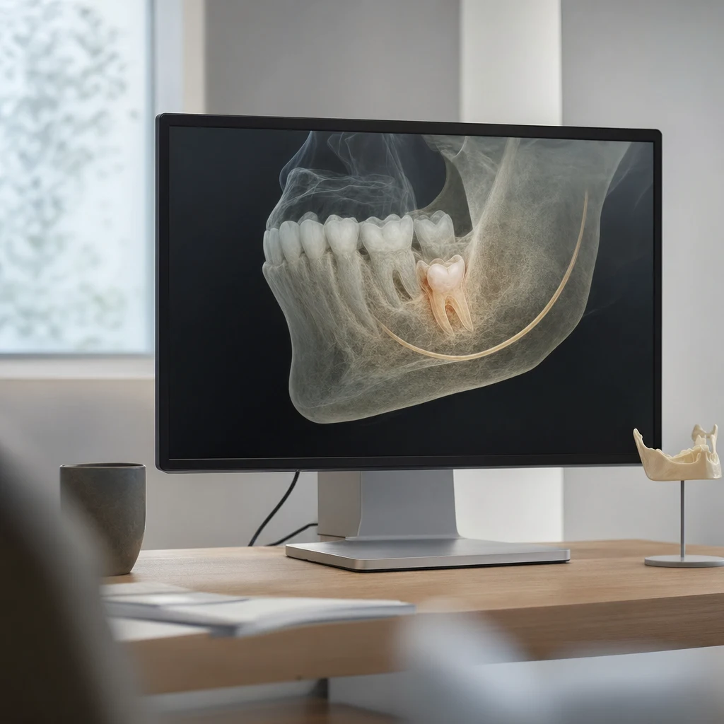 3D CBCT 단면 — 하악 사랑니 뿌리와 하치조신경관 위치 평가
