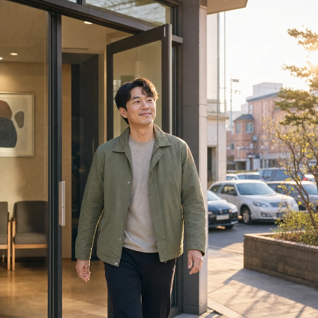 치료를 마치고 치과 문을 나서는 환자의 홀가분한 표정