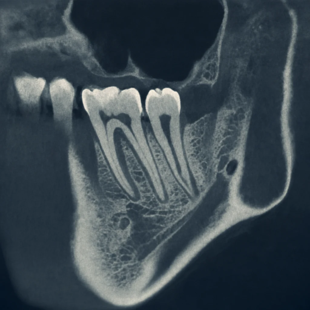 3D CT 콘빔 단면 — 잇몸뼈 두께·밀도와 신경관 위치 확인